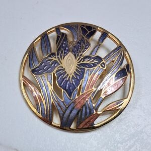 Vintage Cloisonne Iris Brooch Purple Flower Signed CL